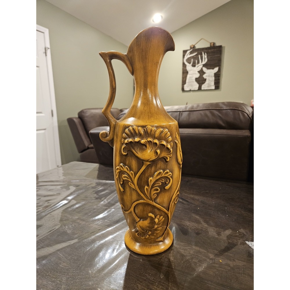 Vintage Royal Haeger‎ Mustard Yellow Pitcher Vase Floral Leaves 18" Tall MCM